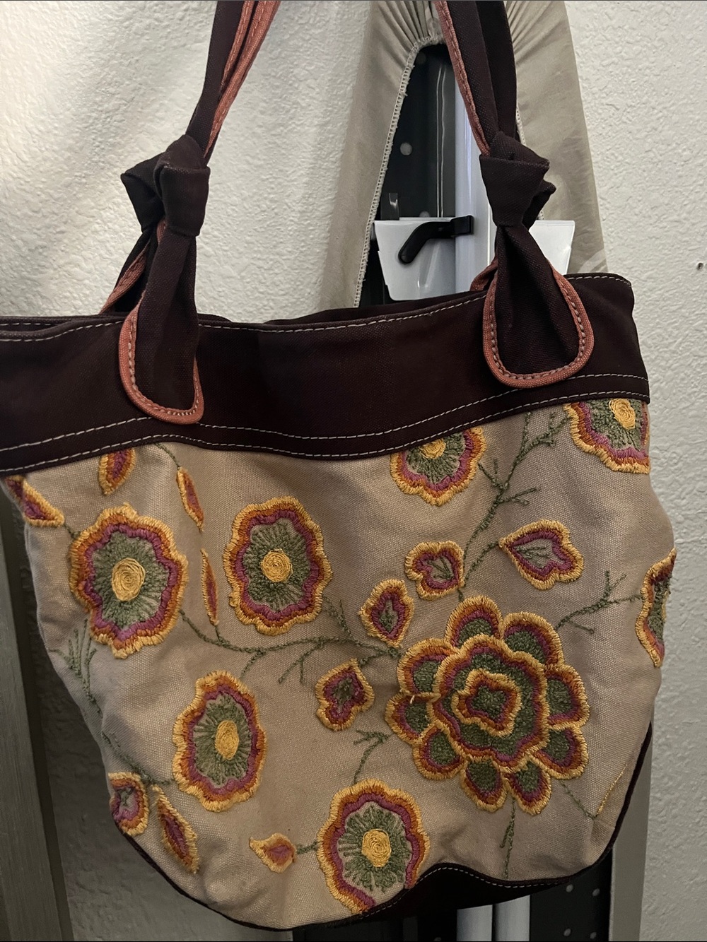 Canvas Floral Embroidered Tote Bag - Brown & Tan